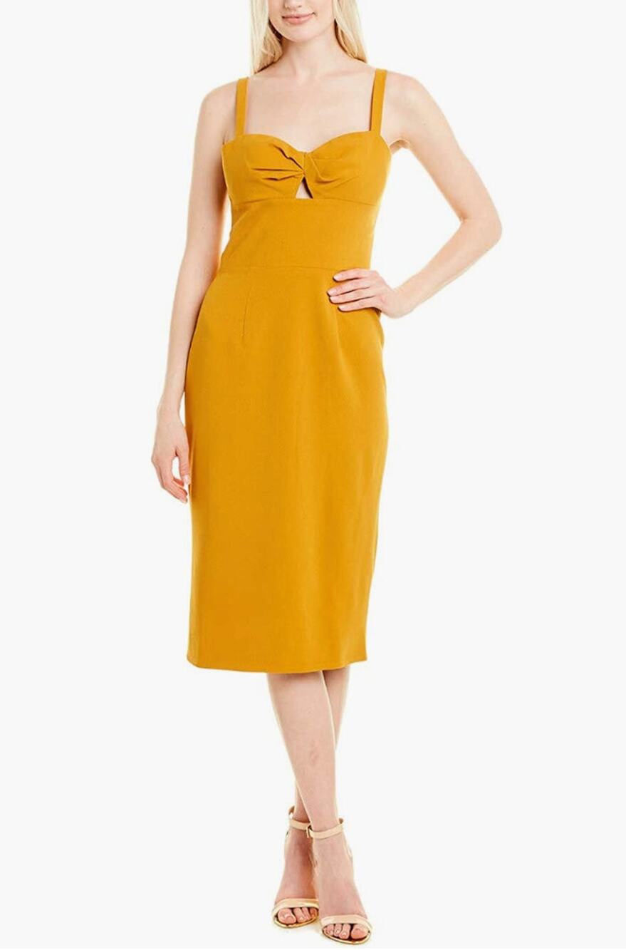 DRESS THE POPULATION Eve Mustard Sweetheart Twist Front Midi Sheath Dress // S